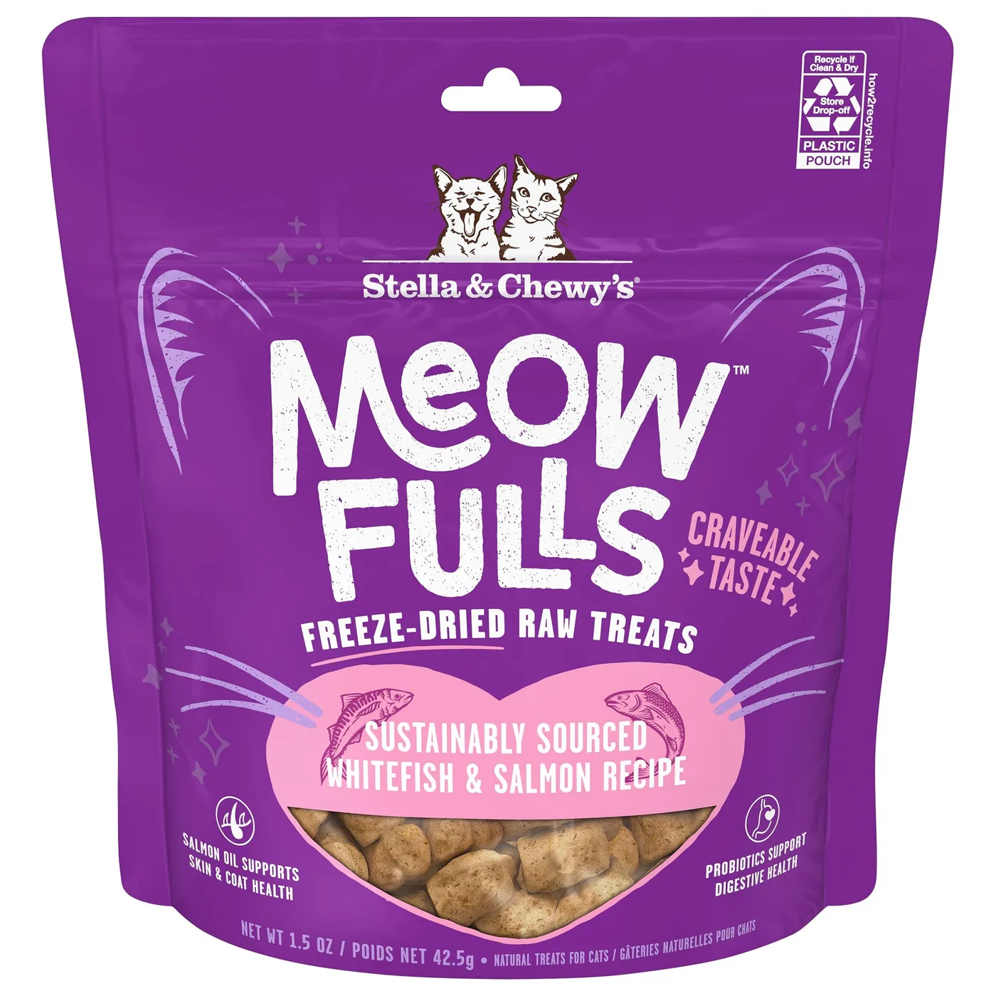 Meow Fulls freeze-dried raw treats pouch, pink label