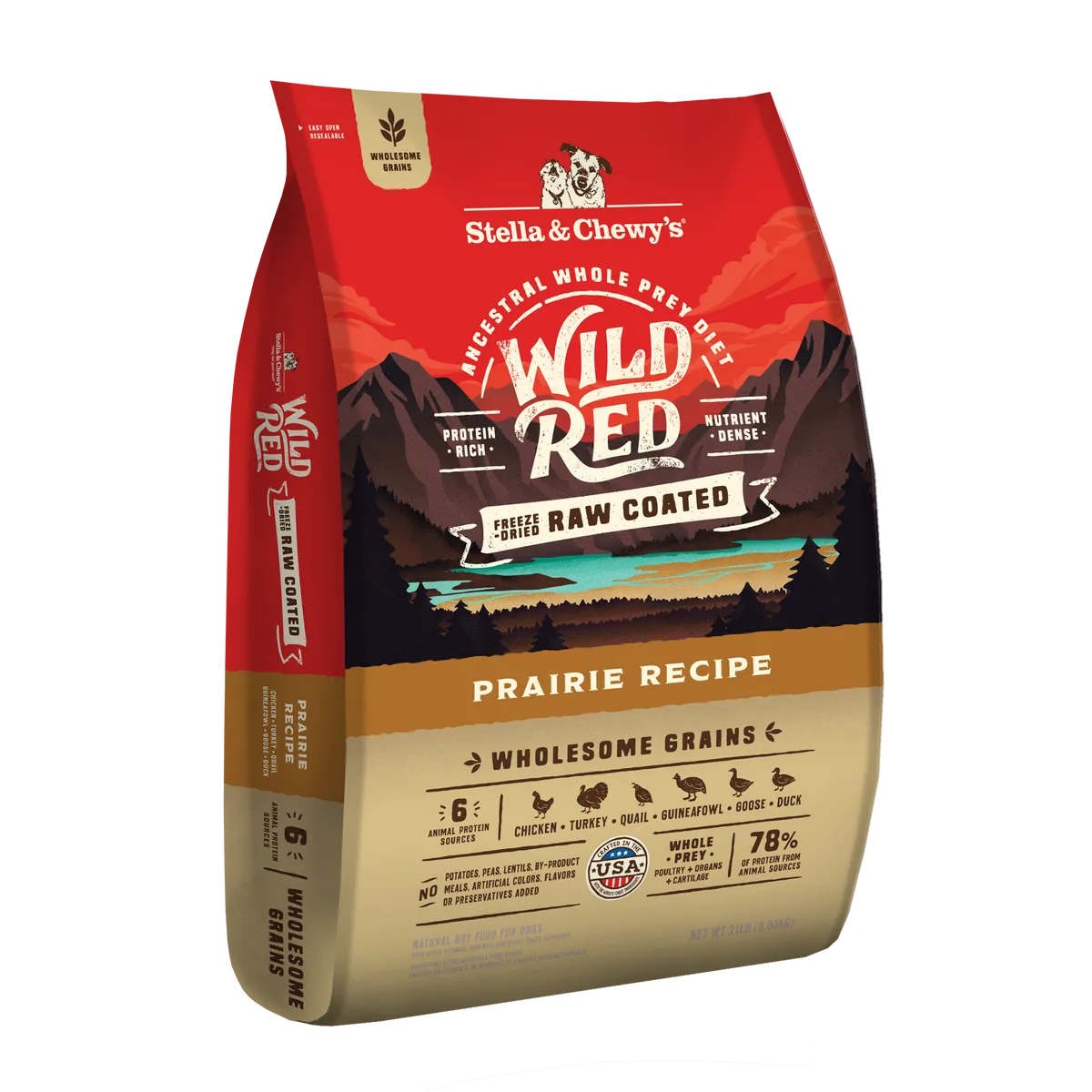 Wild Red Raw Coated Wholesome Grains Prairie Recipe kibble bag, 21 lb