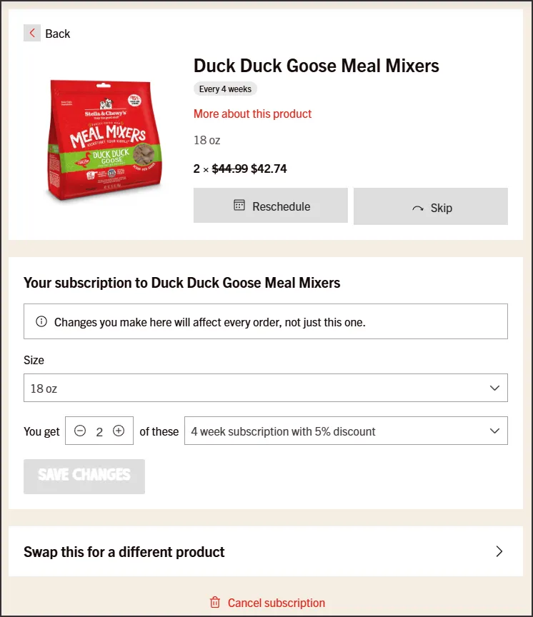 Subscription management screen in the Stella & Chewy's account