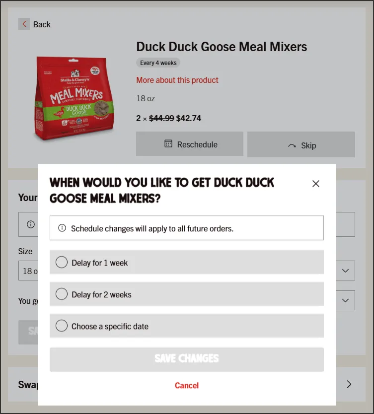Reschedule dialog for a subscription order